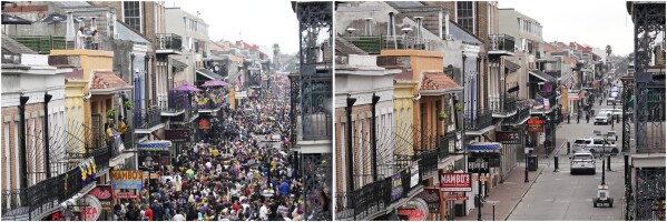 In this 2 file image combo, at left, Bourbon Street is a sea of humanity on Mardi Gras day in New Orleans, Tuesday, Feb. 25, 2020. At right from the same angle, Bourbon Street, which is normally packed with revelers, is seen deserted during Mardi Gras in the French Quarter of New Orleans, Tuesday, Feb. 16, 2021. Coronavirus-related limits on access to Bourbon Street, shuttered bars and frigid weather all prevented what New Orleans usually craves at the end of Mardi Gras season — streets and businesses jam-packed with revelers. (AP Photo/Rusty Costanza and Gerald Herbert, files)