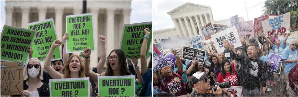 This combination of Friday, June 24, 2022, photos taken outside the Supreme Court in Washington shows abortion-rights activists protesting following Supreme Court's decision to overturn Roe v. Wade, at left, and anti-abortion activists celebrating following Supreme Court's decision, at right. The Supreme Court has ended the nation's constitutional protections for abortion that had been in place nearly 50 years in a decision by its conservative majority to overturn Roe v. Wade. (AP Photo)