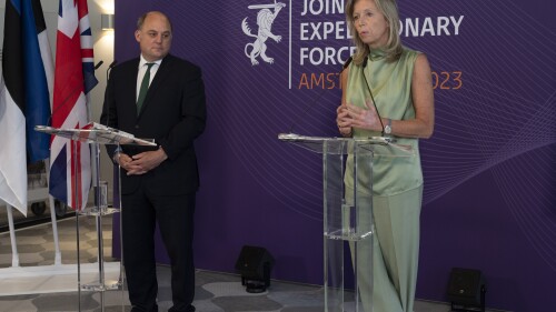Secretary of Defense Ben Wallace of Britain, left, and Dutch Minister of Defense Kajsa Ollongren speak during a news conference after a ministerial meeting of the Joint Expeditionary Force (JEF) in Amsterdam, Netherlands, Tuesday, June 13, 2023. Defense ministers from a military alliance of northern European nations were meeting in Amsterdam to discuss protecting vital infrastructure at sea, amid concerns about the possibility of sabotage fueled by Russia's war in Ukraine. (AP Photo/Peter Dejong)