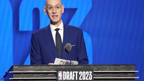 NBA Commissioner Adam Silver announces the 13th pick in the NBA basketball draft, Thursday, June 22, 2023, in New York. (AP Photo/John Minchillo)