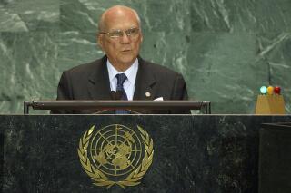 FILE - In this Sept. 22, 2004 file photo, Nicaragua's President Enrique Bolanos Geyer speaks to the General Assembly at the United Nations in New York. Bolaños died on Monday, June 14, 2021, at age 93, according to his family. (AP Photo/Frank Franklin II, File)
