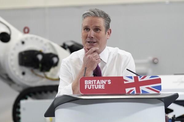 Labour Party leader Keir Starmer gives a speech at the National Composites Centre at Bristol and Bath Science Park in Bristol, England, Thursday Jan. 4, 2024. (Stefan Rousseau/PA via AP)