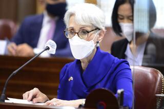 In this photo provided by South Korea Foreign Ministry, U.S. Deputy Secretary of State Wendy Sherman speaks during a meeting with South Korean First Vice Foreign Minister Choi Jong Kun at the Foreign Ministry in Seoul, South Korea, Friday, July 23, 2021. Top U.S. and South Korean officials agreed Thursday to try to convince North Korea to return to talks on its nuclear program, which Pyongyang has insisted it won't do in protest of what it calls U.S. hostility. (South Korea Foreign Ministry via AP)