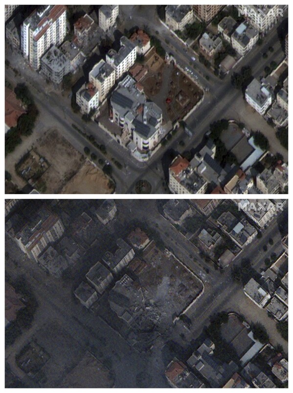 This combination of satellite images provided by Maxar Technologies shows the Arab Orthodox Cultural Center in Gaza on Oct. 28, 2023 and on Oct. 31, after it was damaged. (Maxar Technologies via AP)