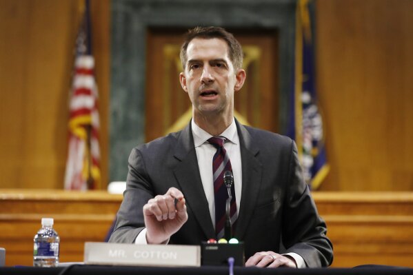 FILE - In this May 5, 2020, file photo Sen. Tom Cotton, R-Ark., speaks during a Senate Intelligence Committee nomination hearing for Rep. John Ratcliffe, R-Texas, on Capitol Hill in Washington. Cotton wrote in a New York Times op-ed Tuesday, June 2, that local law enforcement needs the backup of active-duty military forces to tamp down unrest in the U.S. (AP Photo/Andrew Harnik, Pool, File)