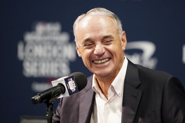 MLB Commissioner, Robert Manfred, speaks during a press conference during a workout day ahead of the MLB London Series Match between the St. Louis Cardinals and Chicago Cubs at the London Stadium, London, Friday June 23, 2023. (Zac Goodwin/PA via AP)
