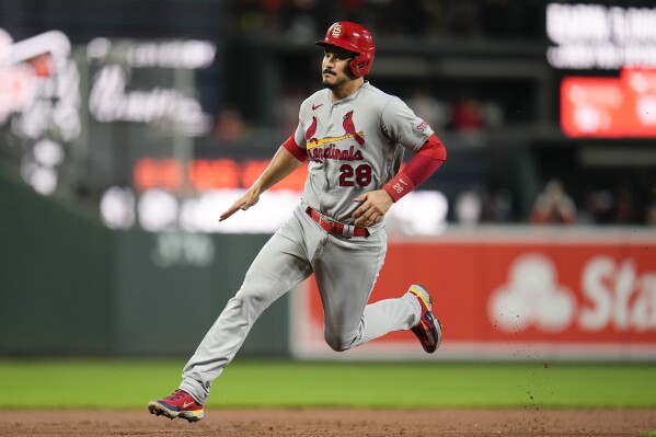 St. Louis Cardinals' Nolan Arenado runs the bases while scoring on a single by Alec Burleson in the fifth inning of a baseball game against the Baltimore Orioles, Monday, Sept. 11, 2023 in Baltimore. (AP Photo/Julio Cortez)