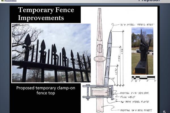 This handout image provided by the National Capital Planning Commission shows a diagram of a proposal for a temporary fence improvement at the White House. The Secret Service is planning to attach a second layer of steel spikes to the top of the White House fence to keep would-be fence jumpers out. The plan to improve security along the White House perimeter is described in a project proposal submitted by the National Park Service to the National Capitol Planning Commission. (National Capital Planning Commission via AP)