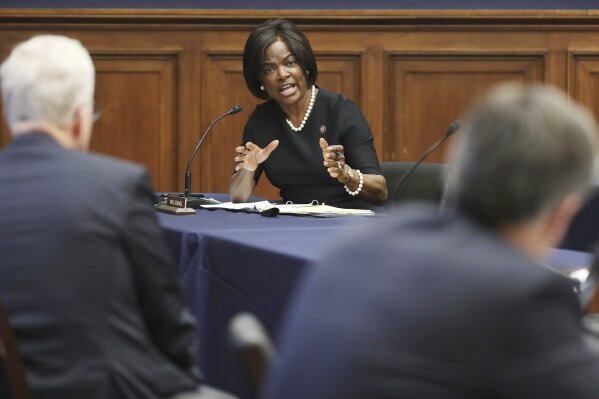 Rep. Val Demings, D-Fla., questions National Counterterrorism Center Director Christopher Miller, left, and Federal Bureau of Investigation Director Christopher Wray, before the House Homeland Security Committee hearing on 'worldwide threats to the homeland', Thursday, Sept. 17, 2020 on Capitol Hill Washington. (Chip Somodevilla/Pool via AP)
