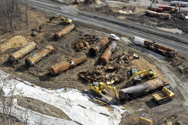 FILE - Cleanup continues, Feb. 24, 2023, at the site of a Norfolk Southern freight train derailment that happened on Feb. 3 in East Palestine, Ohio. The costs related to the East Palestine derailment continue to grow to reach $966 million for Norfolk Southern, but the railroad's service is improving and its insurance companies have started to pay their share of the cost of the crash in eastern Ohio early this year. (AP Photo/Matt Freed, File)