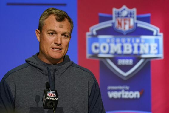 San Francisco 49ers general manager John Lynch speaks during a press conference at the NFL football scouting combine in Indianapolis, Wednesday, March 2, 2022. (AP Photo/Michael Conroy)