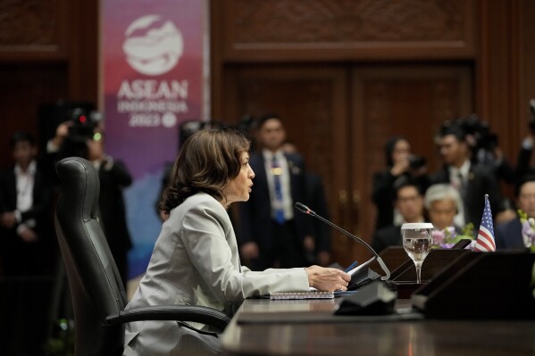 U.S. Vice President Kamala Harris speaks during the Association of the Southeast Asian Nations (ASEAN)-U.S. Summit in Jakarta, Indonesia, Wednesday, Sept. 6, 2023. (AP Photo/Achmad Ibrahim, Pool)