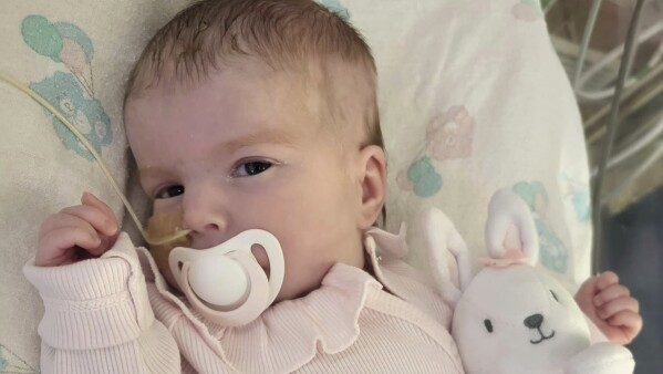 This is an undated photo issued by Christian Concern of Indi Gregory. A terminally ill baby at the center of a legal battle involving her parents, British health officials and the Italian government has died, a group supporting her family said Monday, Nov. 13, 2023. Christian Concern said Indi Gregory died in a hospice on Monday morning after her life support was withdrawn on Sunday. (Christian Concern via AP)
