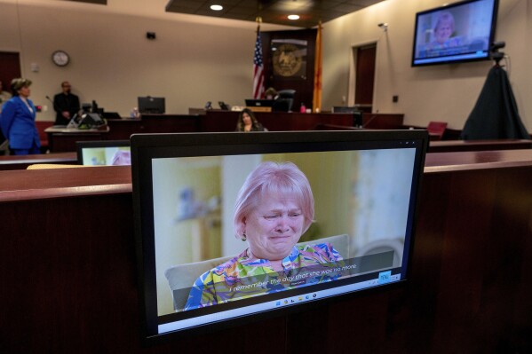 Olga Solovey, speaks by video from Ukraine, during the sentencing hearing for Hannah Gutierrez-Reed in state district court in Santa Fe, New Mexico, on Monday April 15, 2024. Gutierrez Reed, the armorer on the set of the Western film "Rust," was convicted of involuntary manslaughter in the death of Solovey's daughter, cinematographer Halyna Hutchins, who was fatally shot by Alec Baldwin during a rehearsal in 2021. (Eddie Moore/Albuquerque Journal via AP, Pool)