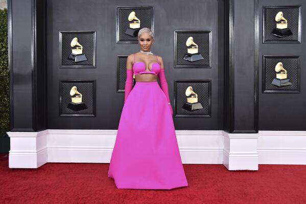 Saweetie arrives at the 64th Annual Grammy Awards at the MGM Grand Garden Arena on Sunday, April 3, 2022, in Las Vegas. (Photo by Jordan Strauss/Invision/AP)