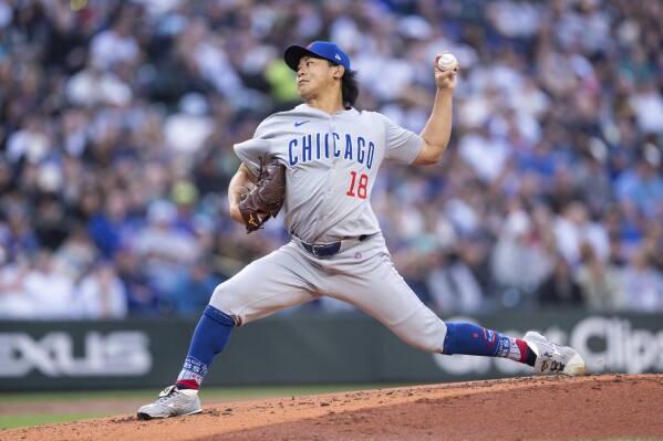 Chicago Cubs starter Shota Imanaga delivers a pitch during the second inning of a baseball game against the Seattle Mariners, Saturday, April 13, 2024, in Seattle. (AP Photo/Stephen Brashear)