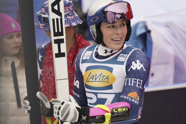 United States' Lindsey Vonn reacts after completing an alpine ski, women's World Cup super G, in Garmisch, Germany, Sunday, Jan. 26, 2025. (AP Photo/Piermarco Tacca)