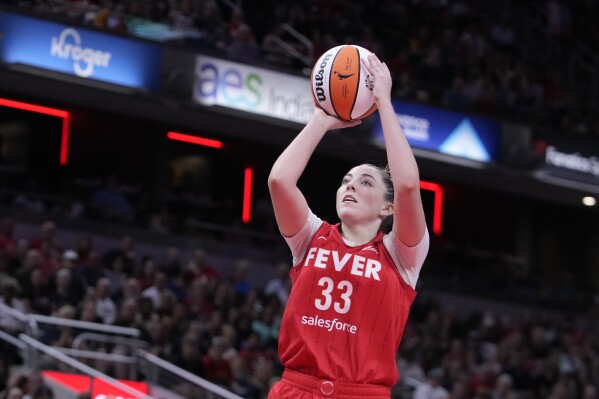 Indiana Fever's Katie Lou Samuelson shoots during the second half of a WNBA basketball game against the New York Liberty, on July 6, 2024, in Indianapolis. (AP Photo/Darron Cummings, File)
