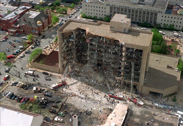 This aerial view shows the destroyed north side of the Alfred P. Murrah Federal Building in Oklahoma City after a massive bomb blast, April 19, 1995. (AP Photo, File)