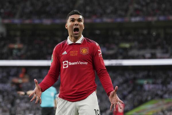 Manchester United's Casemiro reacts during the English League Cup final soccer match between Manchester United and Newcastle United at Wembley Stadium in London, Sunday, Feb. 26, 2023. (AP Photo/Alastair Grant)