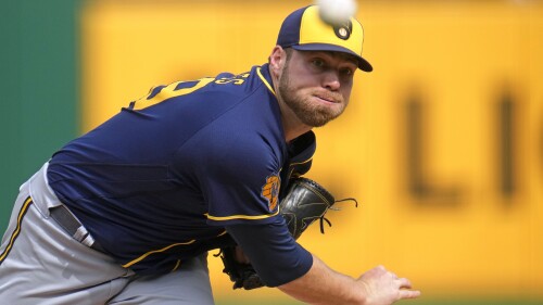 Milwaukee Brewers starting pitcher Corbin Burnes delivers during the second inning of a baseball game against the Pittsburgh Pirates in Pittsburgh, Saturday, July 1, 2023. (AP Photo/Gene J. Puskar)