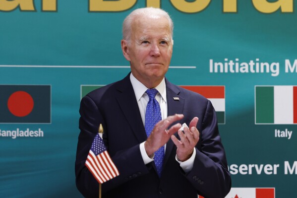 FILE - U.S. President Joe Biden attends the launch of the Global Biofuels Alliance at the G20 summit in New Delhi, India, Saturday, Sept. 9, 2023. Biden goes Sunday, Sept. 10, to a Vietnam that's looking to dramatically ramp up trade with the United States — a sign of how competition with China is reshaping relationships across Asia. (AP Photo/Evelyn Hockstein, Pool, File)