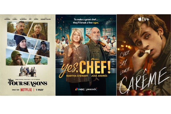 This combination of images shows promotional art for "The Four Seasons," "Yes, Chef!" and "Carême." (Netflix/NBC/Apple TV+ via AP)