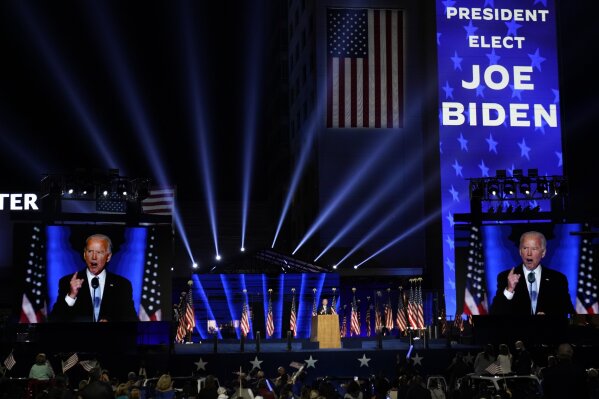 FILE - In this Nov. 7, 2020, file photo, President-elect Joe Biden speaks in Wilmington, Del. (AP Photo/Andrew Harnik, File)