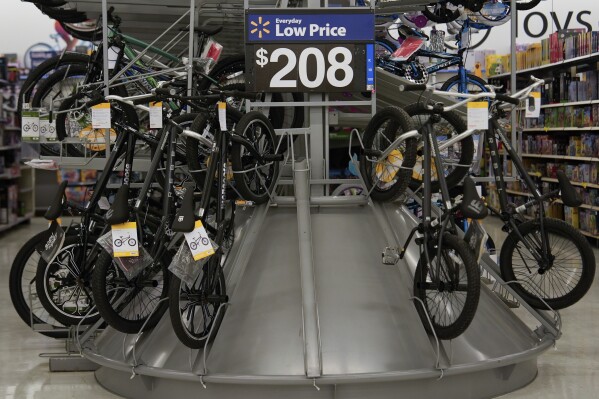 Bicycles are displayed at a Walmart, Wednesday, April 16, 2025, in Groton, Conn. (AP Photo/Julia Demaree Nikhinson, File)