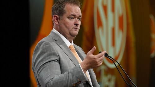 Tennessee head coach Josh Heupel speaks during NCAA college football Southeastern Conference Media Days, Thursday, July 20, 2023, in Nashville, Tenn. (AP Photo/George Walker IV)