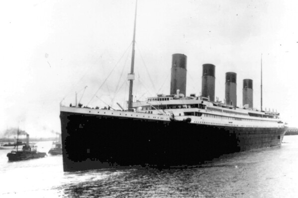 FILE - The Titanic leaves Southampton, England, April 10, 1912, on her maiden voyage. The company that owns the salvage rights to the Titanic shipwreck has cancelled plans to retrieve more artifacts from the site because the leader of the upcoming expedition died in the Titan submersible implosion, according to documents filed in a U.S. District Court on Wednesday, Oct. 11, 2023. (AP Photo/File)