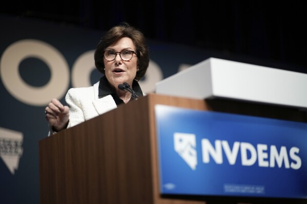 Sen. Jacky Rosen, D-Nev., speaks to supporters during an election watch party Wednesday, Nov. 6, 2024, in Las Vegas. (AP Photo/John Locher)