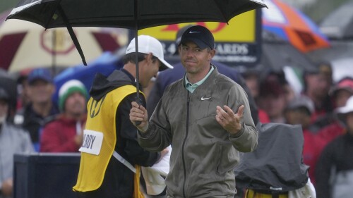 Northern Ireland's Rory McIlroy reacts on the 10th tee during the final day of the British Open Golf Championships at the Royal Liverpool Golf Club in Hoylake, England, Sunday, July 23, 2023. (AP Photo/Kin Cheung)