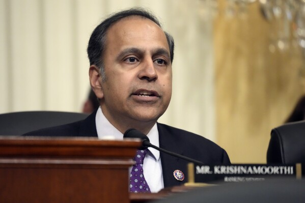 FILE - Ranking member Rep. Raja Krishnamurthy, D-Ill., speaks during a hearing of a special House committee dedicated to countering China on Capitol Hill in Washington, Feb. 28, 2023.  A special House committee focused on China is calling for the US to change the way it treats Chinese-made goods, potentially imposing higher tariffs on them, even though it risks increasing tensions between the two economic superpowers.  (AP Photo/Alex Brandon, File)