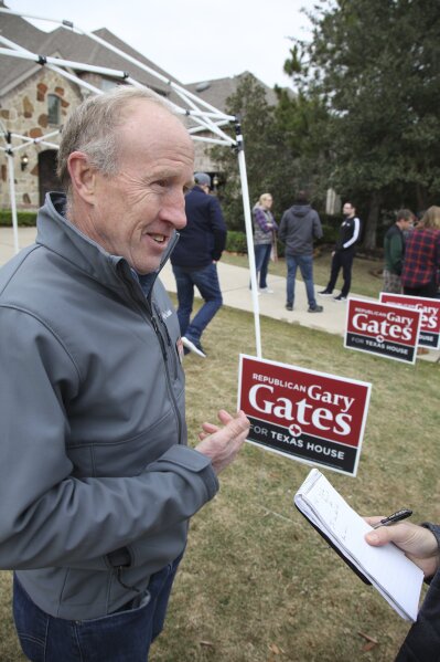In this January 11, 2020 photo Gary Gates, a Republican businessman running for Texas state house, discusses his special election prospects during an Associated Press interview in Katy, Texas. Gates is running against Democrat Eliz Markowitz for state house district 148, located in the suburbs west of Houston, Markowitz is getting national attention and help for her campaign. (AP Photo/ John L. Mone)