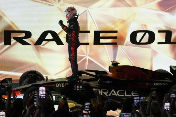 Red Bull driver Max Verstappen of the Netherlands celebrates after he won the Formula One Bahrain Grand Prix at Sakhir circuit, Sunday, March 5, 2023. (AP Photo/Frank Augstein)
