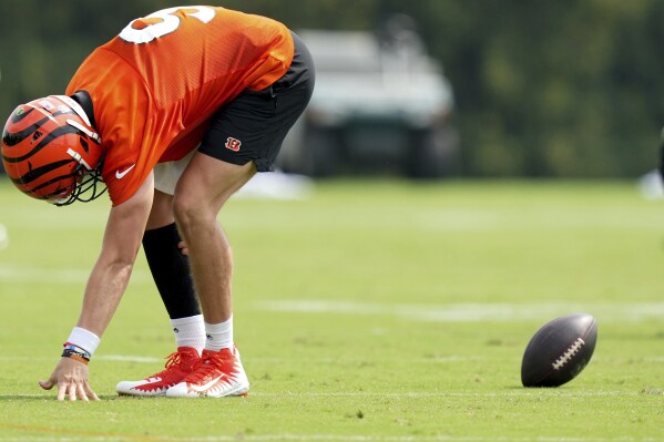 Cincinnati Bengals quarterback Joe Burrow (9) grabs his calf after an injury on a scramble play during NFL football training camp, Thursday, July 27, 2023, in Cincinnati. (Kareem Elgazzar/The Cincinnati Enquirer via AP)