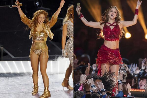 This combination of photos shows Shakira performing during the halftime show at the NFL Super Bowl 54 football game between the San Francisco 49ers and Kansas City Chiefs', on Feb. 2, 2020, in Miami Gardens, Fla.. Shakira’s two outfits worn during the Super Bowl halftime performance, handwritten lyrics and her heavily crystalized electric guitar are among the items that will be on display for a museum exhibit in Los Angeles. The Grammy Museum said Thursday, Jan. 26, 2023, that the multi-Grammy winner will have her first exhibit opening on March 4. (AP Photo)
