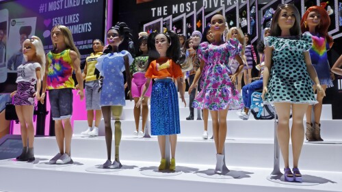 FILE - A diverse line of Barbies are displayed at Toy Fair New York on Feb. 24, 2020. Vietnam's state media have reported that the government banned distribution of the popular ‘Barbie’ movie because it includes a view of a map showing disputed Chinese territorial claims in the South China Sea. (AP Photo/Richard Drew, File)