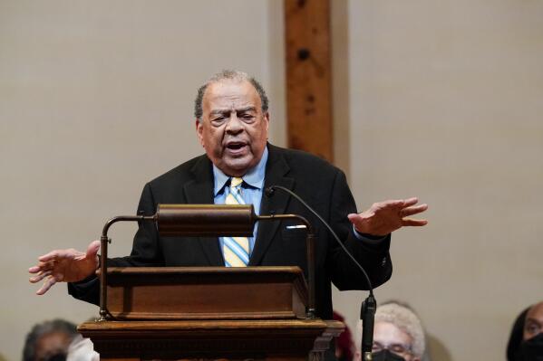 Civil rights icon Andrew Young delivers a sermon at First Congregational Church on Wednesday, March 9, 2022, to celebrate his 90th birthday in Atlanta. (AP Photo/Brynn Anderson)