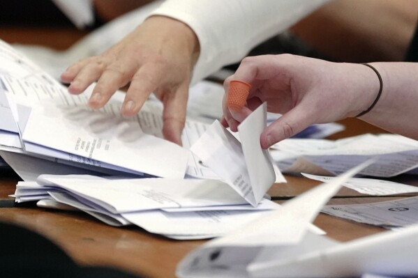 Counting begins at the Blackpool South by-election at Blackpool Sports Centre in Blackpool, England, Thursday, May 2, 2024. The by-election was triggered after the resignation of Scott Benton. (Peter Byrne/PA via Ǻ)