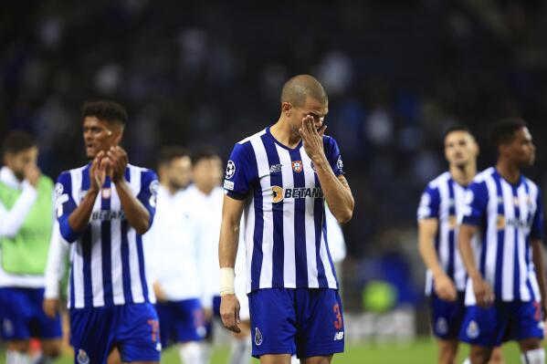 Porto's Pepe, center, reacts at the end of the Champions League group B soccer match between FC Porto and Club Brugge at the Dragao stadium in Porto, Portugal, Tuesday, Sept. 13, 202. (AP Photo/Luis Vieira)