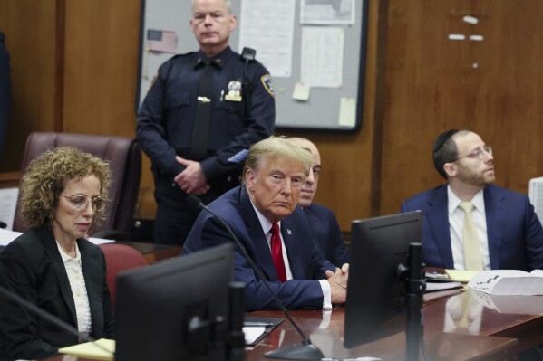 Former President Donald Trump appears during a court hearing at Manhattan criminal court, Thursday, Feb. 15, 2024, in New York. (Brendan McDermid/Pool Photo via AP)