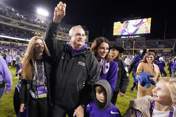 FILE - TCU head coach Sonny Dykes walks off the field after an NCAA college football game against Iowa State in Fort Worth, Texas, Saturday, Nov. 26, 2022. TCU won 62-14. TCU's Sonny Dykes won The Associated Press Coach of the Year on Monday, Dec. 19, after leading the No. 3 Horned Frogs to the College Football Playoff in his first season with the school.(AP Photo/LM Otero, File)