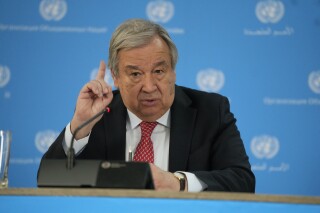 FILE - U.N secretary General Antonio Guterres addresses the media during a visit to the U.N. office in the capital Nairobi, Kenya on , May 3, 2023. Guterres implicitly criticized Cambodia’s upcoming elections Wednesday, May 31, 2023 for failing to be inclusive, after the top opposition party was not allowed to register. (AP Photo/Khalil Senosi, File)