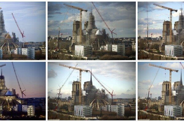 This combination photo shows, from top left, clockwise, the scaffolding around the Notre Dame de Paris cathedral spire being removed from Jan. 24, 2024 to March 6, 2024. Scaffolding has enshrouded Notre Dame Cathedral in Paris since a 2019 fire destroyed its spire and roof and threatened to collapse the whole medieval structure. After an unprecedented international reconstruction effort, the scaffolding is at last starting to peel away. (AP Photos captured from La Tour d'Argent restaurant/Alexander Turnbull)