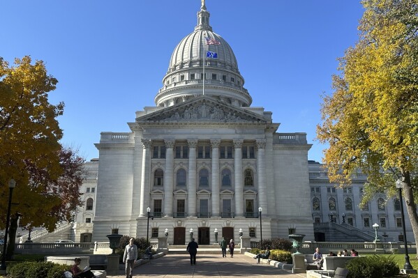 FILE - The Wisconsin Capitol is seen, Oct. 24, 2023, in Madison, Wis. Wisconsin Democrats plan to spend $7 million on television ads in five state Senate races they believe are key to regaining control of the chamber. (AP Photo/Scott Bauer, File)
