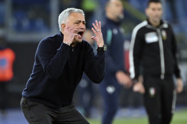 FILE - Roma coach Jose Mourinho reacts during the Serie A soccer match between Roma and Hellas Verona at Rome's Olympic stadium, Saturday, Feb. 19, 2022. Roma has announced on Tuesday, Jan. 16, 2024 that José Mourinho is leaving the club “with immediate effect.” (Alfredo Falcone/LaPresse via AP, File)