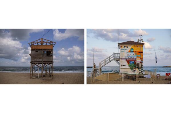 A wooden lifeguards station is seen on the beach of Gaza City, Monday, Sept. 27, 2021, left, and a lifeguard station is seen on the Mediterranean Sea beachfront early morning in Tel Aviv, Israel, Tuesday, Aug. 17, 2021, right. The beaches in Tel Aviv and Gaza City, just 70 kilometers (40 miles) apart, are different worlds on opposite sides of a century-old conflict, but on long summer days Israelis and Palestinians enjoy some of the same delights. (AP Photo/Oded Balilty, right, Khalil Hamra, left)