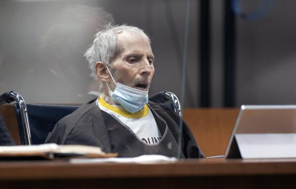 New York real estate scion Robert Durst, 78, sits in the courtroom as he is sentenced to life in prison without chance of parole, Thursday, Oct. 14, 2021 at the Airport Courthouse in Los Angeles. New York real estate heir Robert Durst was sentenced Thursday to life in prison without chance of parole for the murder of his best friend more that two decades ago. (Myung J. Chung/Los Angeles Times via AP, Pool)